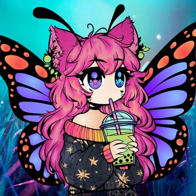 a realistic butterfly/furry girl drinking boba