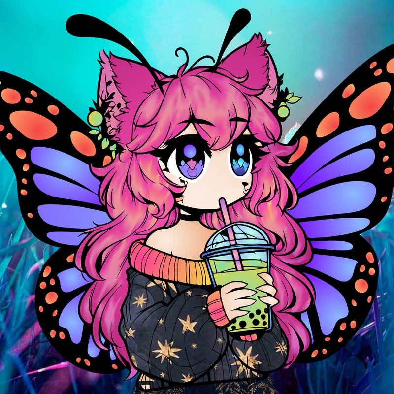 a realistic butterfly/furry girl drinking boba