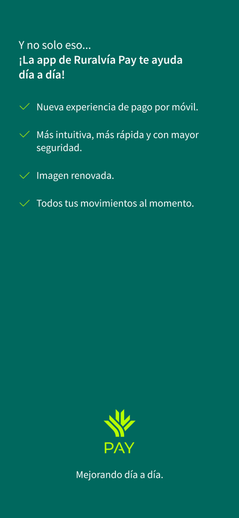 Ruralvia Pay mobile app features screen showing benefits like mobile payments, improved security, and instant transaction tracking.