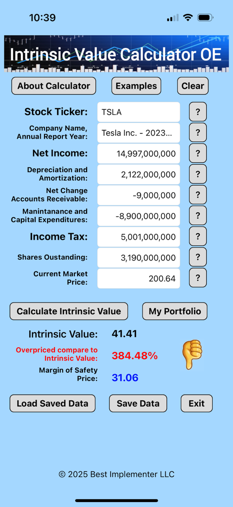 Intrinsic Value Calculator OE - Interfaz de la aplicación móvil Calculadora de Valor Intrínseco OE que muestra un análisis de acciones para Tesla.
