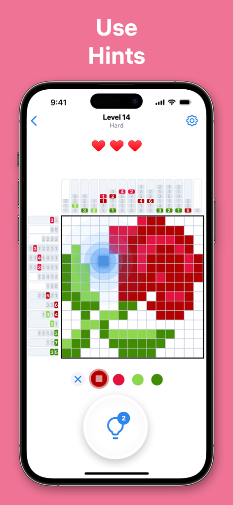 Nonogram.com Color: Logic Game - Un écran de téléphone mobile montrant un puzzle de nonogramme multicolore d'une rose avec une fonctionnalité d'indice mise en évidence.
