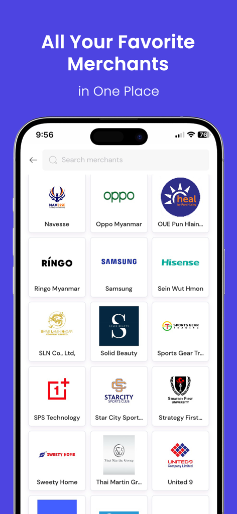 Mobile screen of the PLUS app showing a directory of partner merchants including Samsung Oppo and Hisense