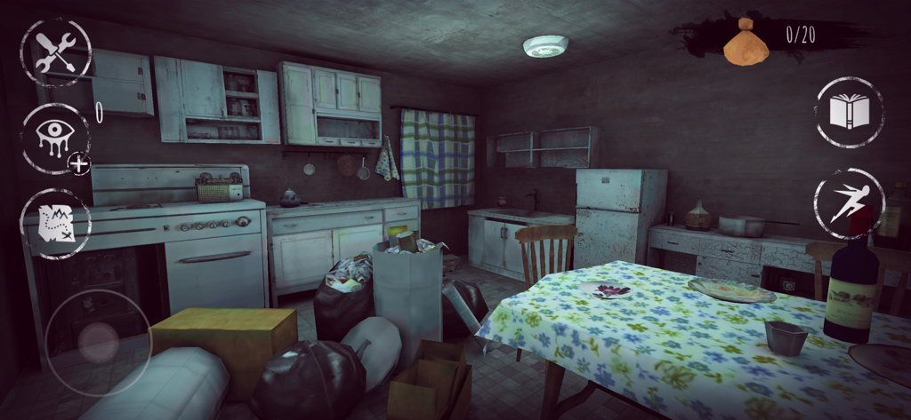 Eyes Horror & Coop Multiplayer - A dark and creepy kitchen scene from the Eyes Horror game showing gameplay UI and a messy interior.