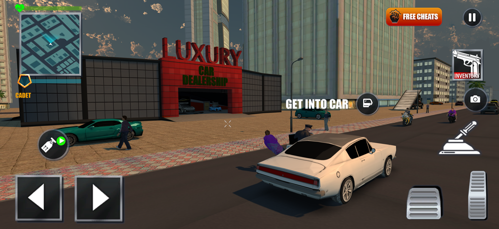 Police Simulator 2: Open World - Gameplay screenshot showing a police character approaching a white vintage car in an open world city near a car dealership.