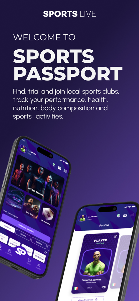 SportsPassport - SportsPassport mobile app screens displaying performance analytics and a player profile dashboard.