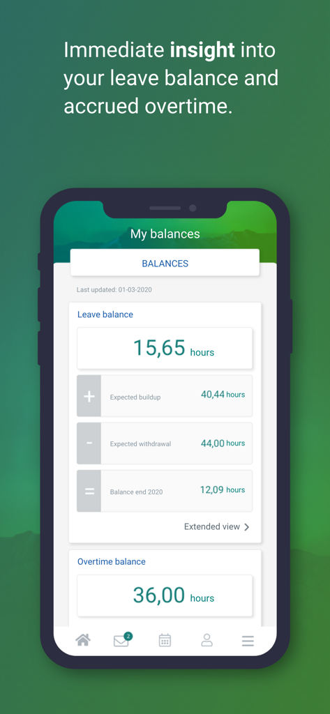 Dyflexis - Dyflexis app screen displaying an employee's leave balance and accrued overtime hours