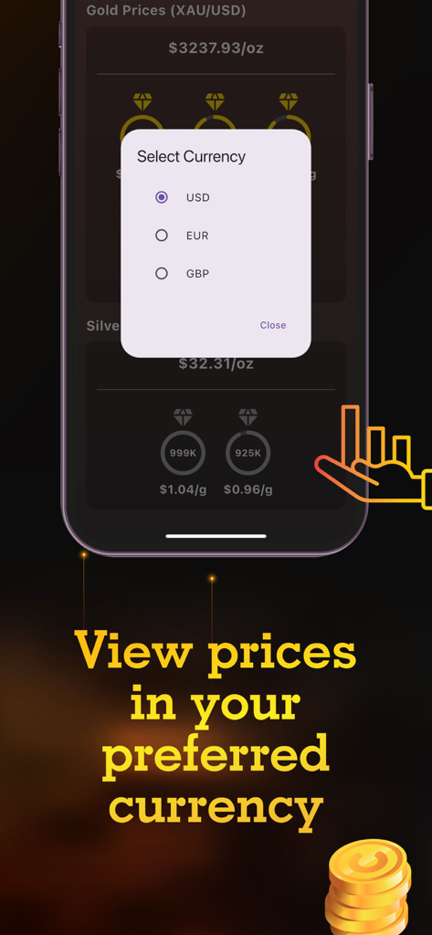 Gold Silver Prices Live - Interfaz de aplicación móvil que muestra la selección de moneda para precios en vivo de oro y plata, incluidos USD, EUR y GBP