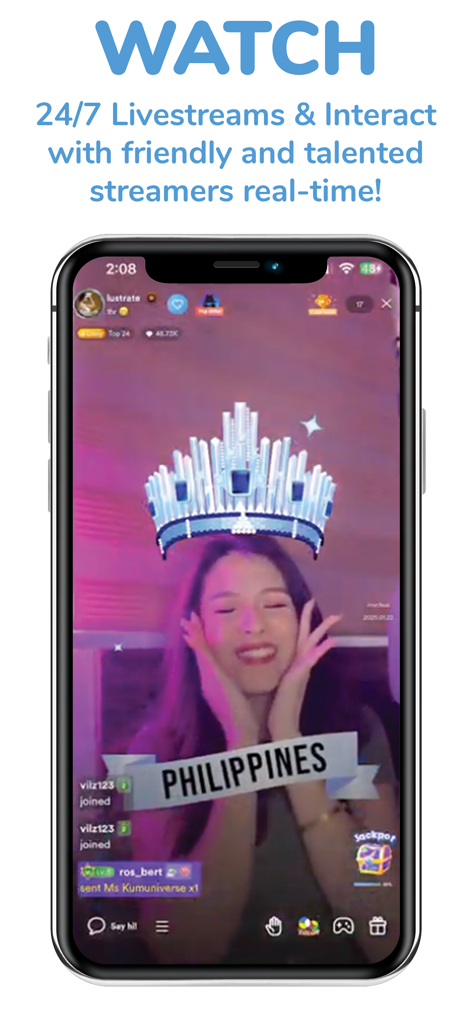 kumu - Livestream Community - Interface do aplicativo Kumu mostrando uma transmissão ao vivo em tempo real de um talentoso criador filipino