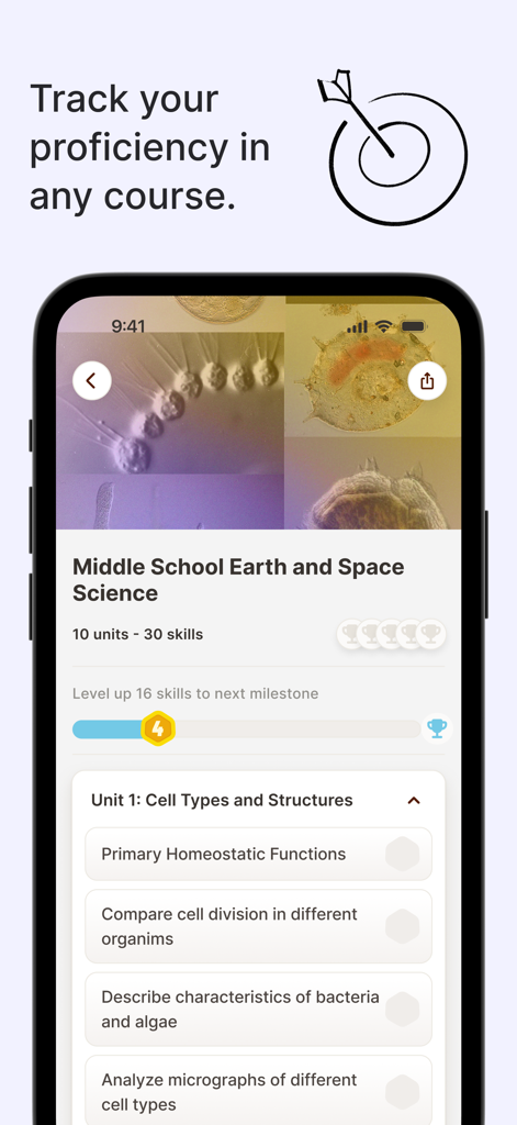 Campus - AI Learning Companion - A smartphone displaying a proficiency tracking interface for an Earth and Space Science course within the Campus AI Learning Companion app.