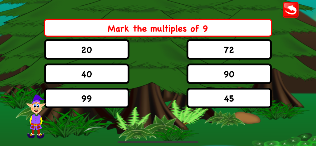 Fifth Grade Math Games Kids - Una pantalla de juego de matemáticas de quinto grado donde los niños marcan múltiplos de nueve en un entorno forestal