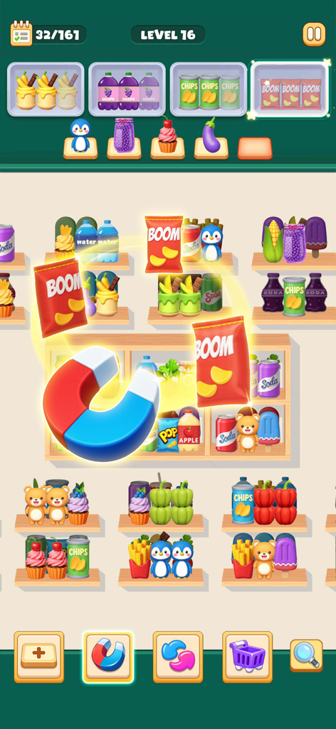 Goods Triple -Good Sort Master - Gameplay of Goods Triple Good Sort Master showing a magnet booster being used to match grocery items on shelves