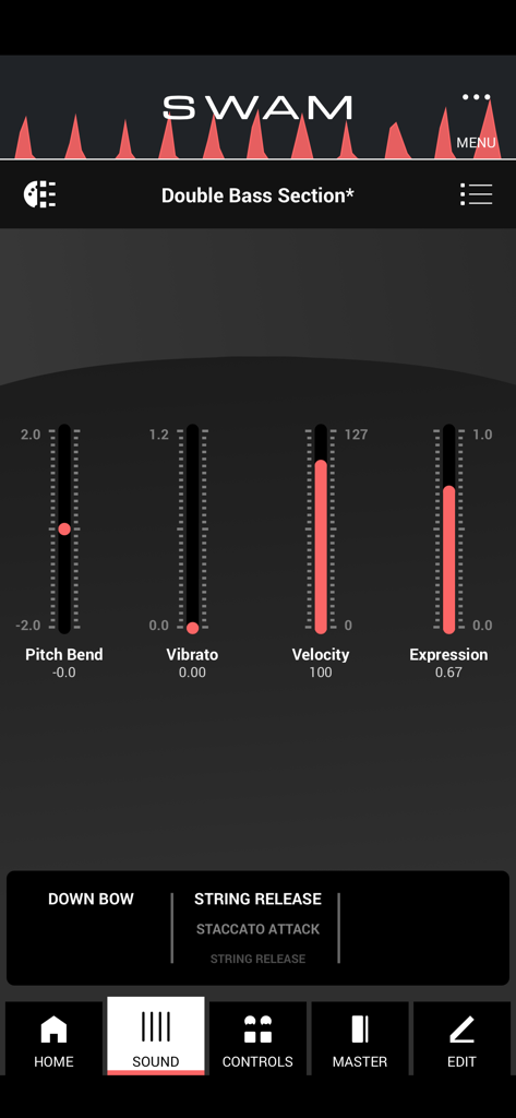 SWAM Double Bass Section - Interface of SWAM Double Bass Section app showing sliders for pitch bend vibrato velocity and expression