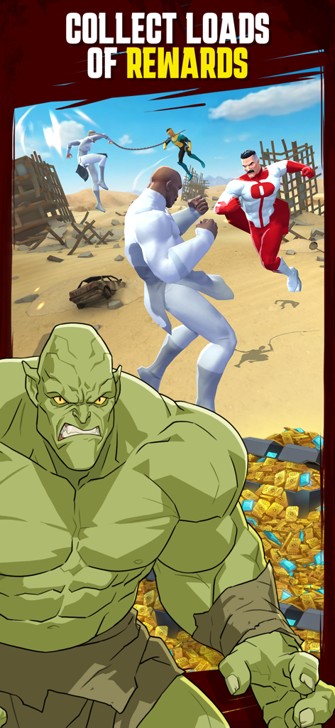 Invincible: Guarding the Globe - Characters from Invincible fighting in a desert battle above a large pile of gold rewards and loot.