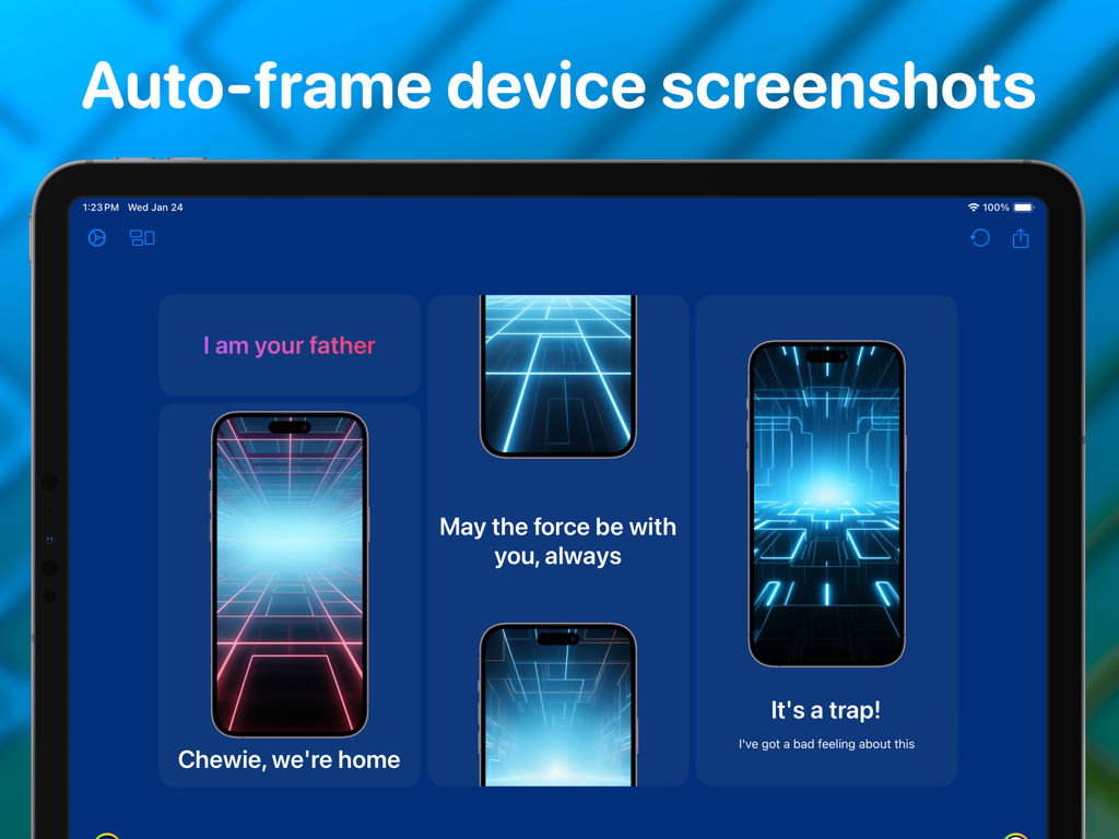 Bento|Craft Creative Workspace - iPad screenshot of Bento Craft app showing the auto-frame feature with iPhone mockups in a bento grid design.