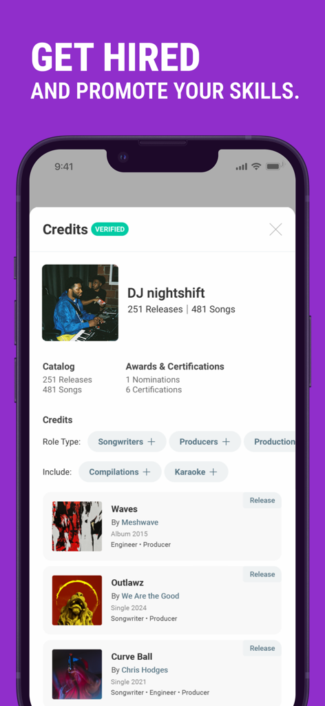 Vampr: #1 Musician Network. - Vampr-App Musikerprofil, das Song-Credits und Zertifizierungen zeigt