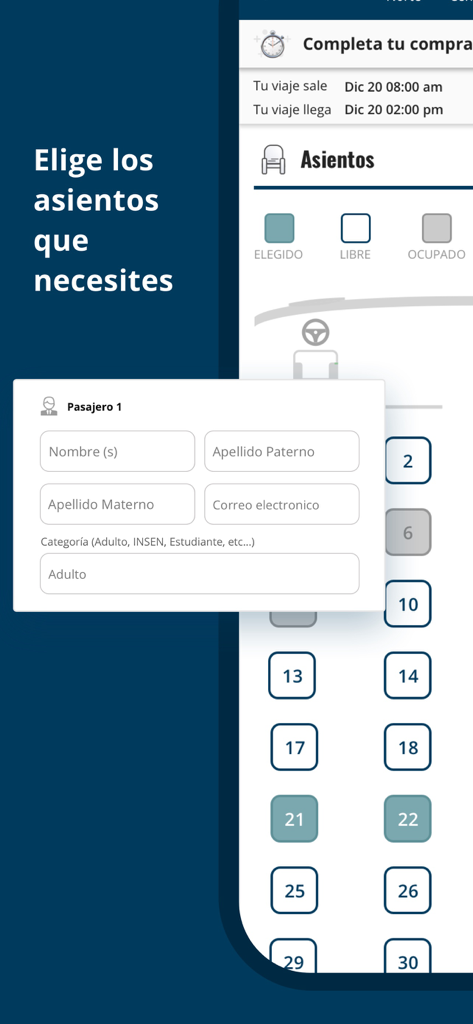 ETN: Transporte y Autobuses MX - Oberfläche der ETN-Bus-App mit Sitzplatzauswahlkarte und Eingabeformular für Passagierinformationen
