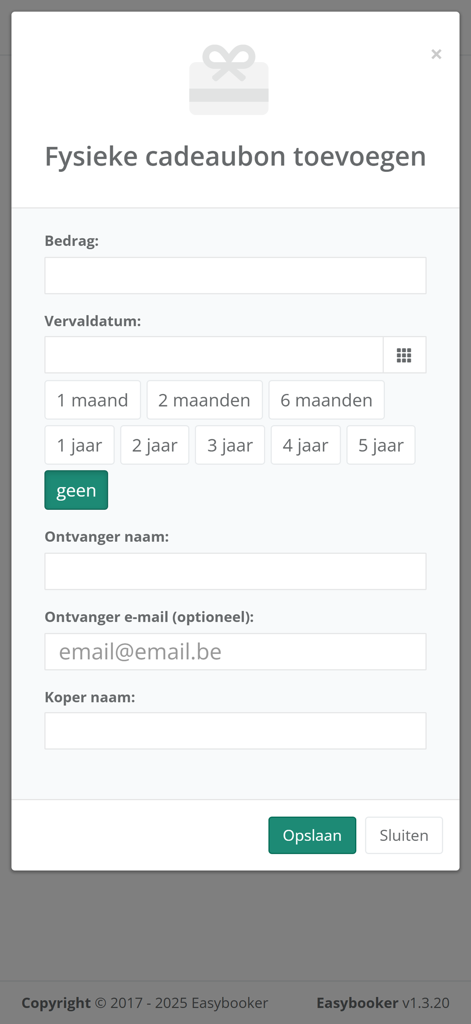 Easybooker - Easybooker interface for adding a physical gift card with custom amount and expiration date