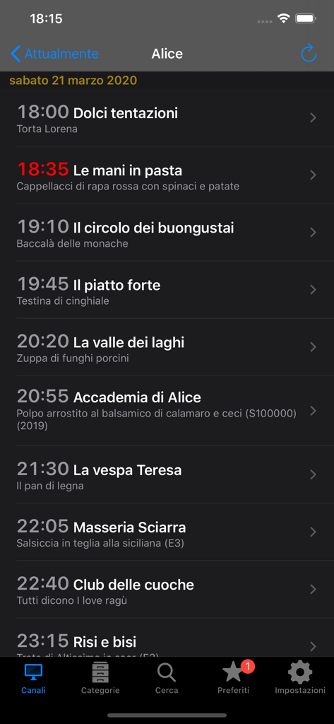 A mobile app screenshot showing the daily TV program schedule for the Alice channel featuring cooking shows.