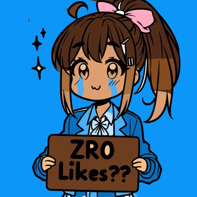 super cute anime girl with high ponytail and a sign saying zero likes???