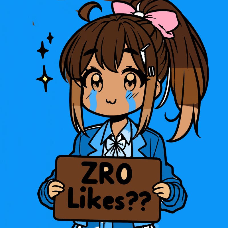 super cute anime girl with high ponytail and a sign saying zero likes???