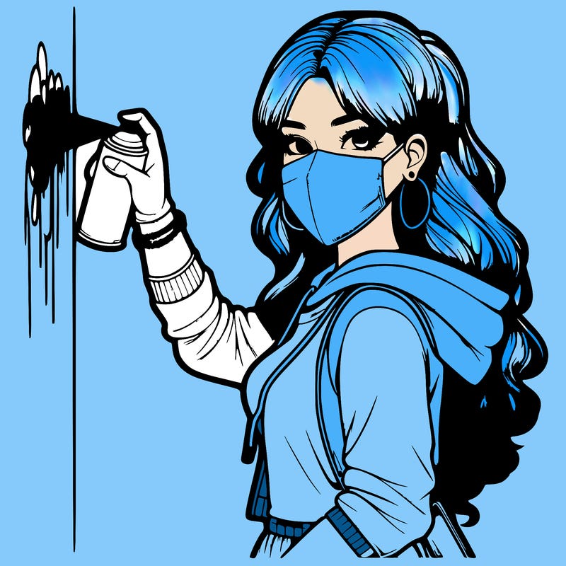 realistic girl with mask spray painting a wall