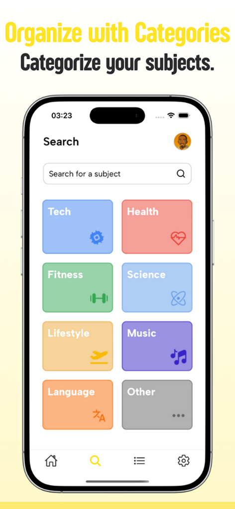 La pantalla de búsqueda de la aplicación Sourcify que muestra varias categorías de materias como Tecnología, Salud y Ciencia para un aprendizaje organizado.