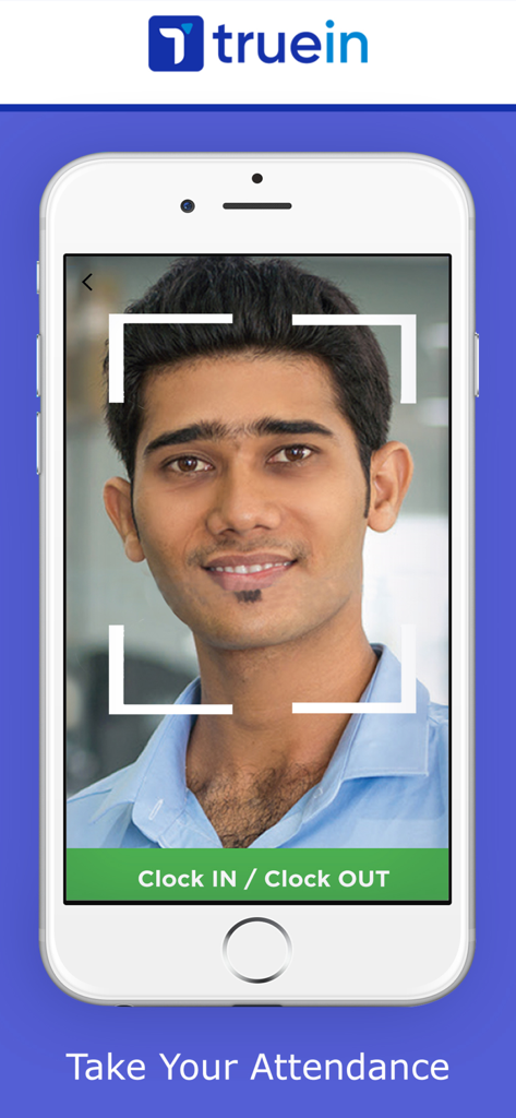 A man using face recognition on a smartphone to clock in and out for work