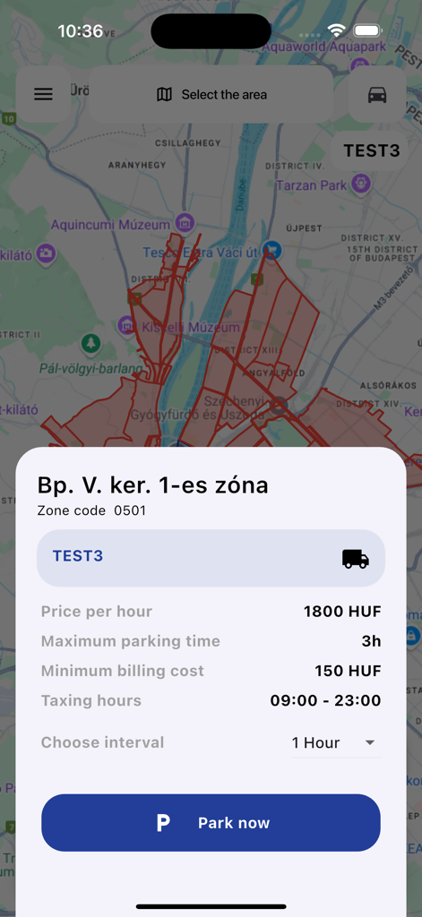 TrackGPS eParking - TrackGPS eParking App Oberfläche zeigt Informationen zur Parkzone und den Button 'Jetzt parken' über einer Stadtkarte