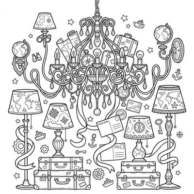 Get ready for an exciting journey with this unique coloring page featuring beautifully designed lighting fixtures adorned with global travel elements. Explore a world where chandeliers and lamps meet maps, compasses, and adventure, promising hours of creative fun.