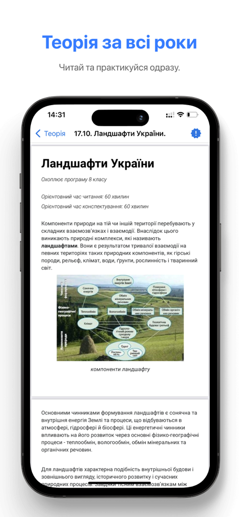 Просте ЗНО/НМТ - App-Oberfläche, die eine Geografiestunde über die Landschaften der Ukraine mit einem Diagramm der Naturkomponenten zeigt
