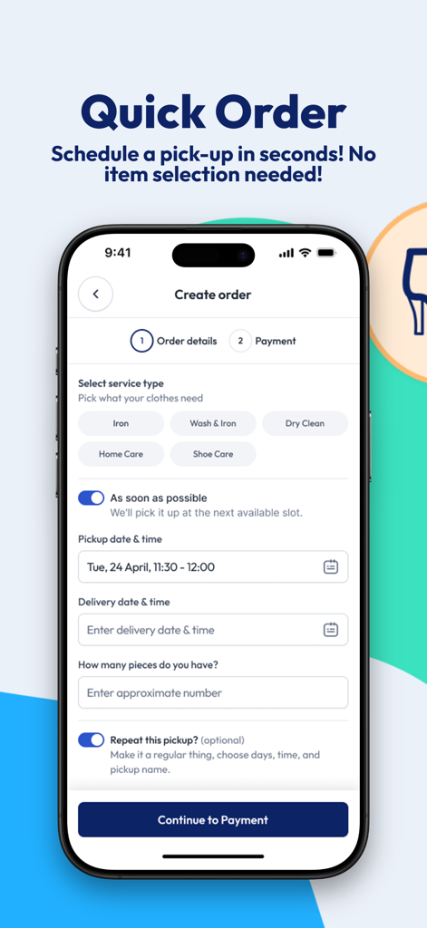 Z-Laundry - Z-Laundry App Benutzeroberfläche zeigt den schnellen Bestellvorgang zur Vereinbarung einer Wäscheabholung, einschließlich Serviceauswahl und Zeitplanung
