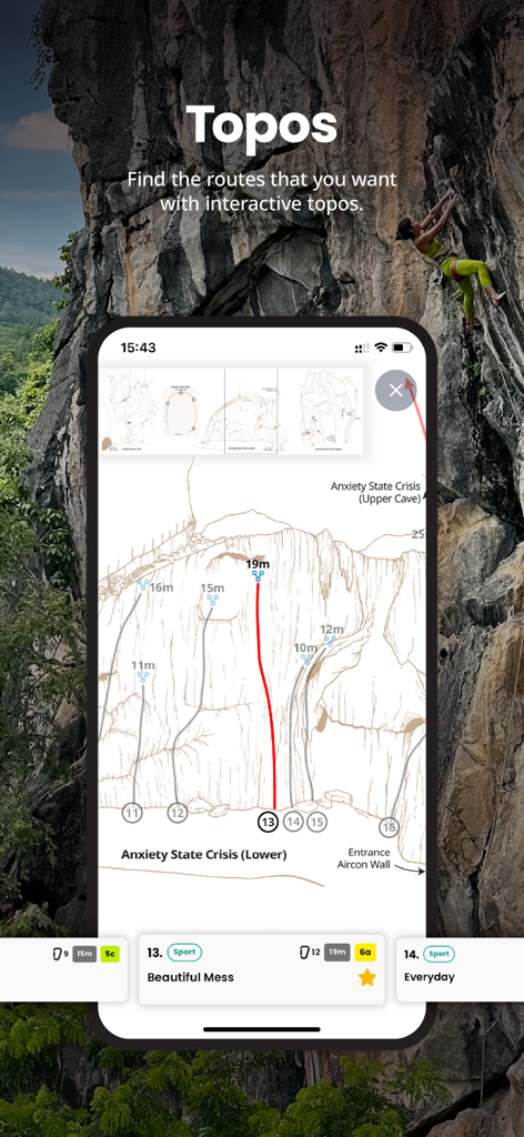 CragFinder by Progression - La aplicación CragFinder muestra un mapa interactivo de escalada con detalles de rutas