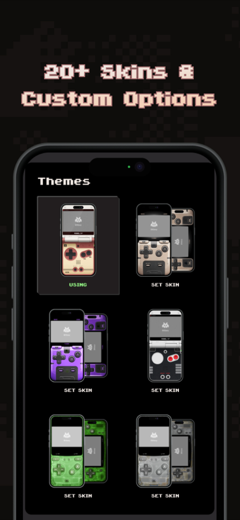 A menu of over 20 customizable retro controller skins for the Bitboy GBA emulator app on iPhone.