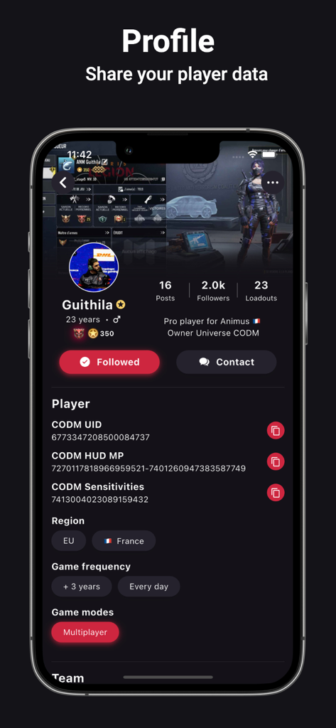 Universe Meta - Profile screen of the Universe Meta app displaying Call of Duty Mobile player statistics and game settings