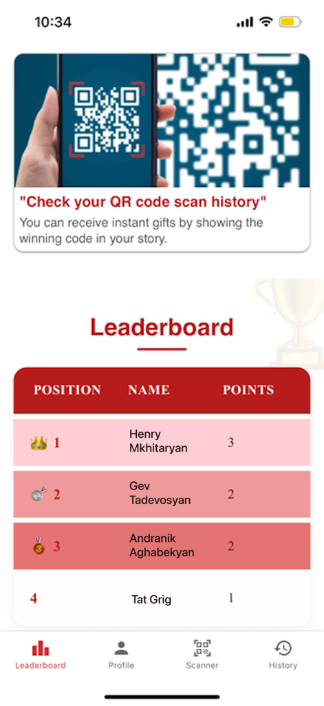 Martin App - Leaderboard screen in the Martin App showing top user rankings and points