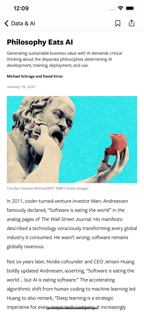 An article view in the MIT Sloan Management Review app titled Philosophy Eats AI featuring an illustration of a statue holding a binary apple.