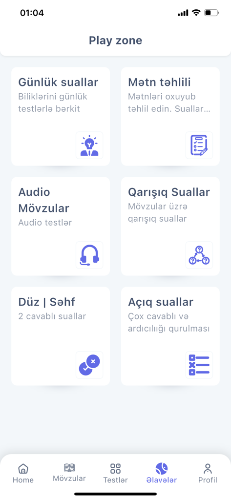 Dovlet Qullugu - Dovlet Qullugu app Play zone interface displaying various exam study modes like daily questions and text analysis.