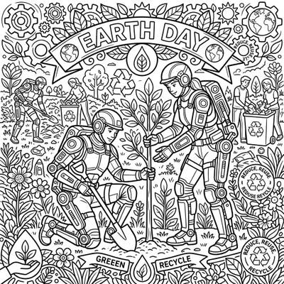 Dive into an exciting Earth Day coloring scene where advanced exoskeletons are put to work for our planet. This dynamic page features eco-heroes planting trees and recycling, offering a unique blend of technology and environmentalism.
