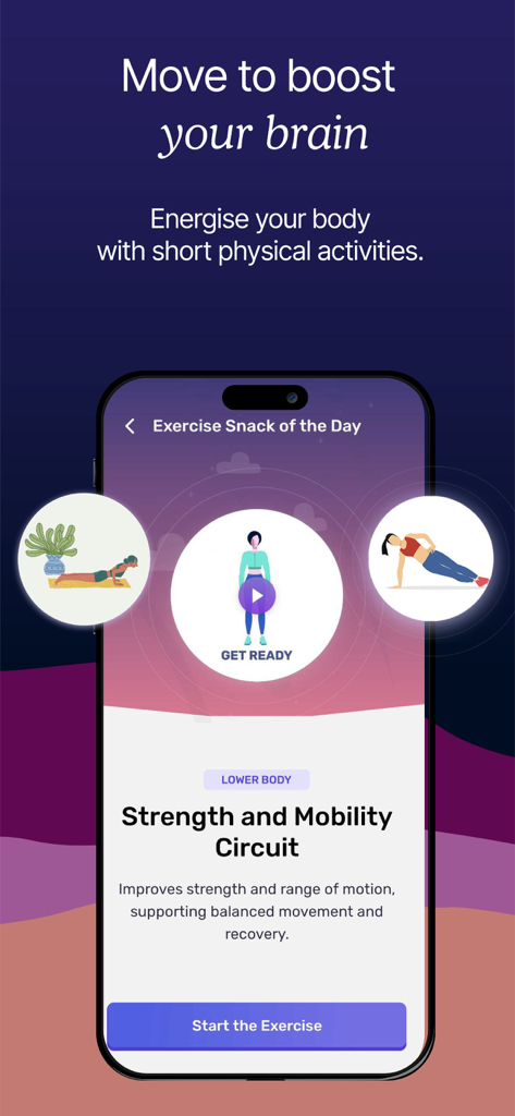 Ivory: Brain Training Games - Ivory brain training app screen showing a daily exercise snack for strength and mobility