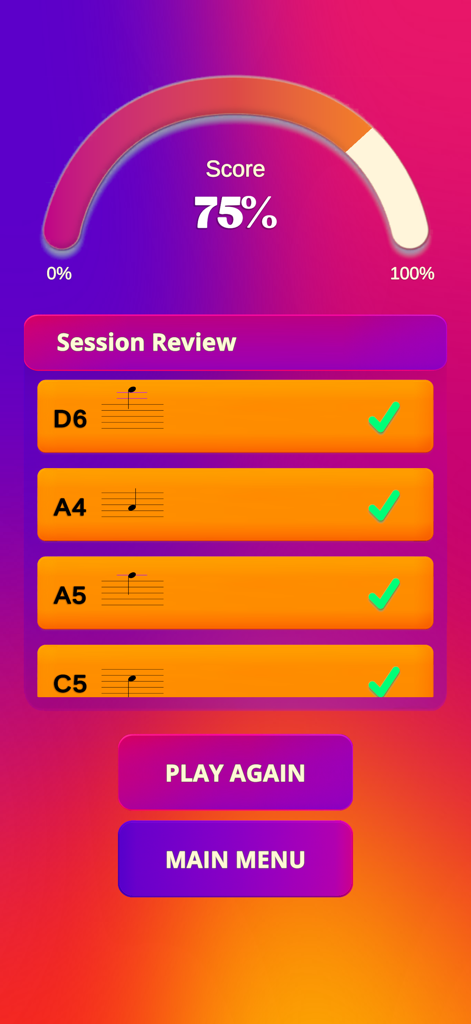 Note Trainer - Note Trainer session review screen showing a 75 percent score and identified musical notes