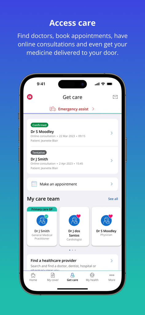 Tela do aplicativo Discovery Health mostrando consultas médicas e opções de equipe de cuidados