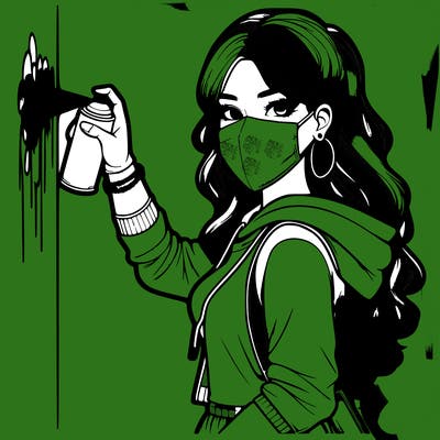 realistic girl with mask spray painting a wall