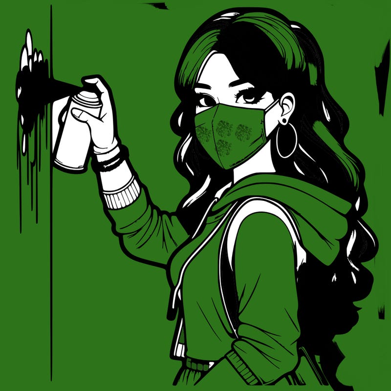 realistic girl with mask spray painting a wall