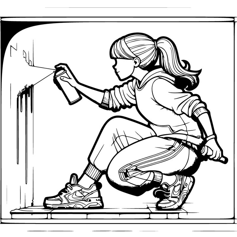 spay painter spraying on wall. wearink nike shoes. female