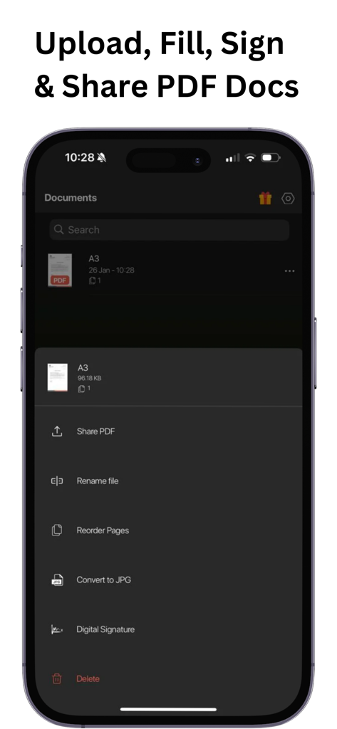 Fill & Sign: PDF Filler Editor - Mobile app interface of Fill and Sign PDF editor showing a document list and a menu with options to share, rename, reorder pages, convert to JPG, and add digital signatures.