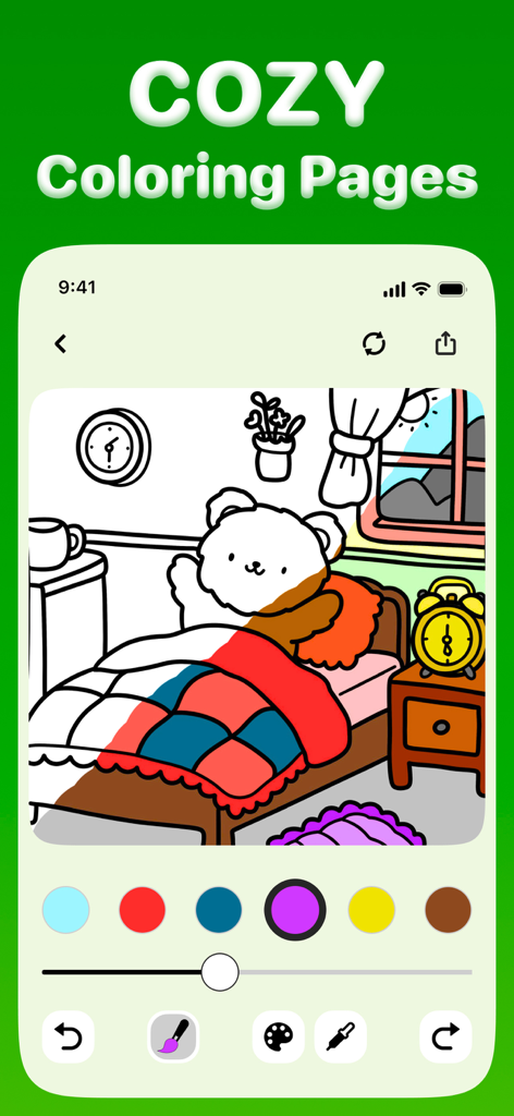 Comfy Day - Cozy Coloring Book - A digital coloring interface featuring a cute bear in a cozy bedroom illustration with color palettes and tools