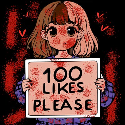 a girl holding a sign saying 100 likes please