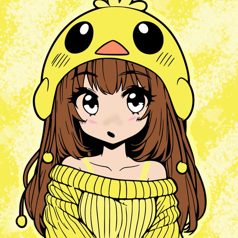 anime girl with chick shaped hat with sweater with bare shoulders with bangs covering them one eye with low tail