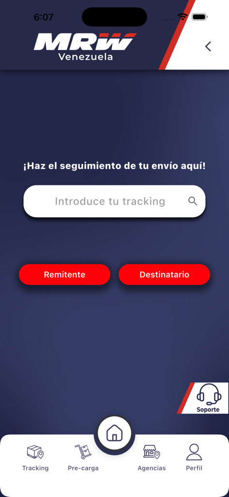 Tracking screen of the MRW Movil app showing a tracking number input field and navigation options for Venezuelan shipping.