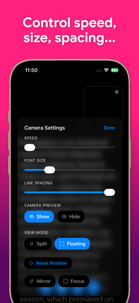 Teleprompter - Video Recording - Interfaz de configuración de cámara en la aplicación teleprompter que muestra controles para velocidad de desplazamiento, tamaño de fuente, espaciado de línea y modo de vista